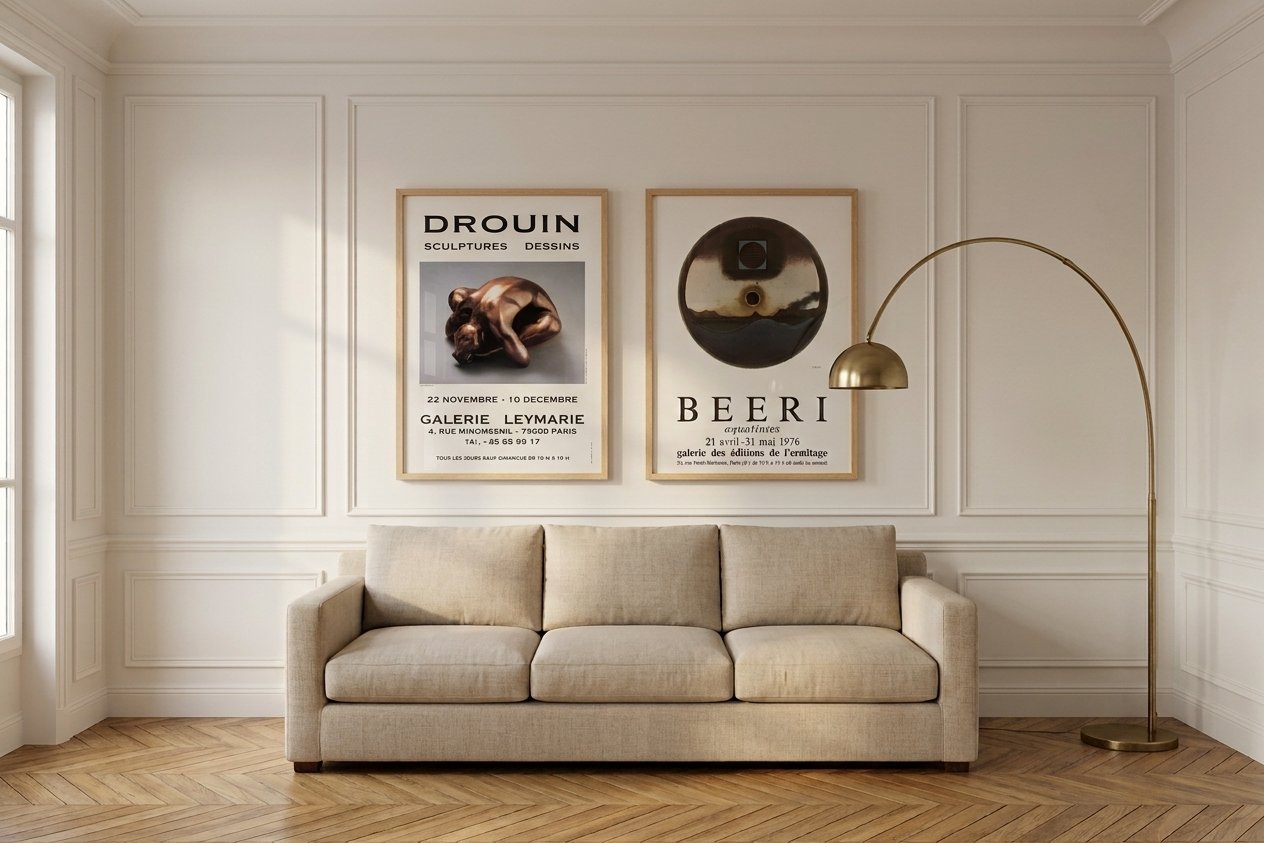 Affiches d'exposition originales encadrées dans un intérieur parisien Deux affiches d'exposition originales encadrées, Drouin à la Galerie Leymarie et Beeri à la Galerie des Éditions de l'Ermitage, accrochées au-dessus d'un canapé en lin dans un salon haussmannien