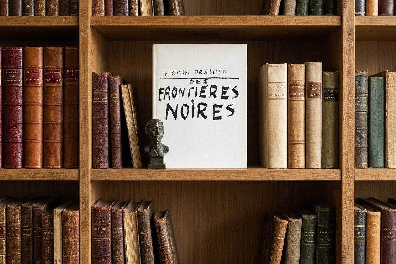 Livre d'art Victor Brauner dans une bibliothèque Le livre d'art « Victor Brauner - Frontières noires » présenté de face sur l'étagère d'une bibliothèque en chêne, entouré de reliures anciennes